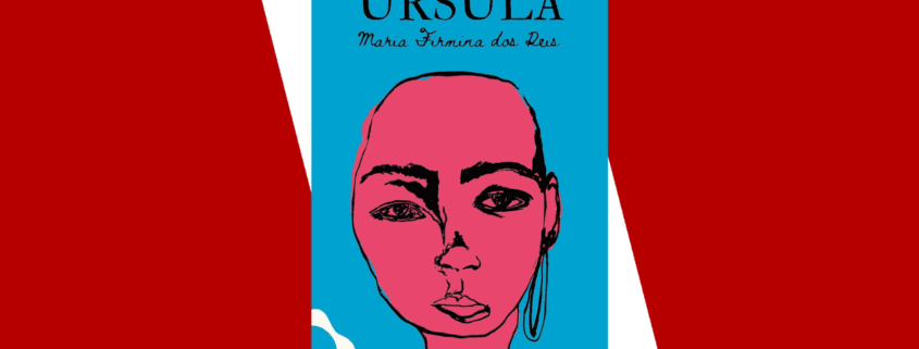 Imagem com fundo vermelho e a capa do livro "Úrsula" no centro. Há uma sombra branca estilizada atrás do livro.