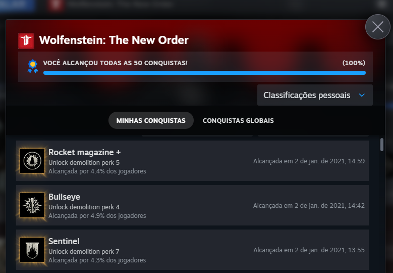 Tela de conquistas do jogo "Wolfenstein: The New Order" na Steam, com a barra indicando 100% de progresso. O usuário conquistou todas as 50 conquistas disponíveis no jogo. Abaixo, há uma lista com os nomes das conquistas, porcentagem de jogadores que também as desbloquearam e a data de conclusão.