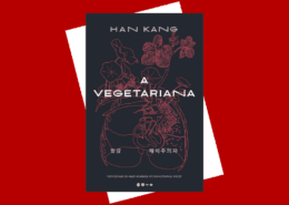 Capa do livro "A Vegetariana", de Han Kang, sobre fundo vermelho. A ilustração da capa mostra órgãos humanos de onde brotam flores. O título está em letras brancas e o subtítulo informa que a obra venceu o Man Booker International Prize.