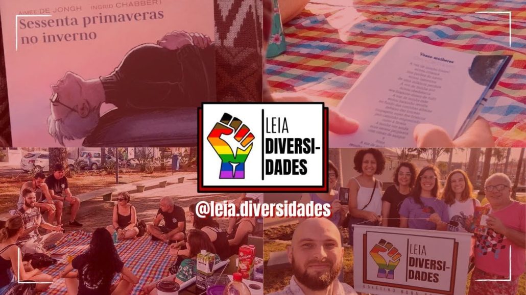 Mosaico com 4 fotos de diferentes encontros, uma das fotos mostram pessoas sentadas numa praça arborizada conversando em círculo, outra foto mostra uma selfie de grupo, onde seguram o banner do projeto Leia Diversidades e exemplares do livro discutido. A imagem tem um filtro vermelho que é da identidade visual do projeto. No centro, o logo do Leia Diversidades, que é livro aberto com um punho erguido com as cores do arco-íris + o marrom e preto na página da esquerda e na página da direita está escrito Leia Diversidades. Embaixo do logo, há o nome de usuário do projeto no Instagram, que é @leia.diversidades.