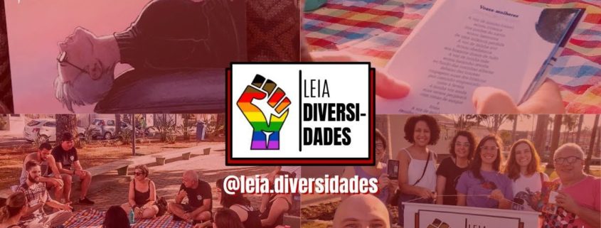 Mosaico com 4 fotos de diferentes encontros, uma das fotos mostram pessoas sentadas numa praça arborizada conversando em círculo, outra foto mostra uma selfie de grupo, onde seguram o banner do projeto Leia Diversidades e exemplares do livro discutido. A imagem tem um filtro vermelho que é da identidade visual do projeto. No centro, o logo do Leia Diversidades, que é livro aberto com um punho erguido com as cores do arco-íris + o marrom e preto na página da esquerda e na página da direita está escrito Leia Diversidades. Embaixo do logo, há o nome de usuário do projeto no Instagram, que é @leia.diversidades.