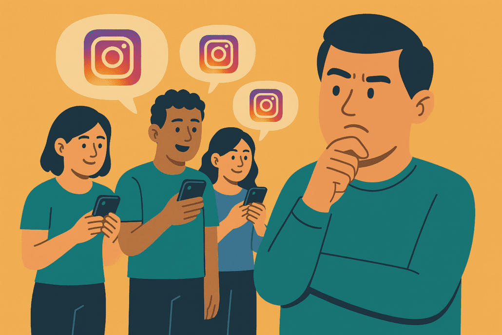 A imagem é uma ilustração que mostra três pessoas à esquerda, imersas em seus smartphones, com balões de fala exibindo o logo do Instagram. À direita, um homem observa os outros com uma postura pensativa.