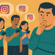 Instagram ceticismo A imagem é uma ilustração que mostra três pessoas à esquerda, imersas em seus smartphones, com balões de fala exibindo o logo do Instagram. À direita, um homem observa os outros com uma postura pensativa.