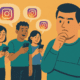 A imagem é uma ilustração que mostra três pessoas à esquerda, imersas em seus smartphones, com balões de fala exibindo o logo do Instagram. À direita, um homem observa os outros com uma postura pensativa.