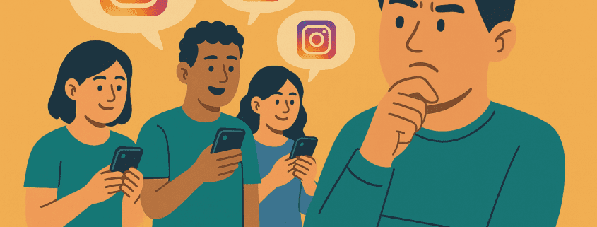 A imagem é uma ilustração que mostra três pessoas à esquerda, imersas em seus smartphones, com balões de fala exibindo o logo do Instagram. À direita, um homem observa os outros com uma postura pensativa.