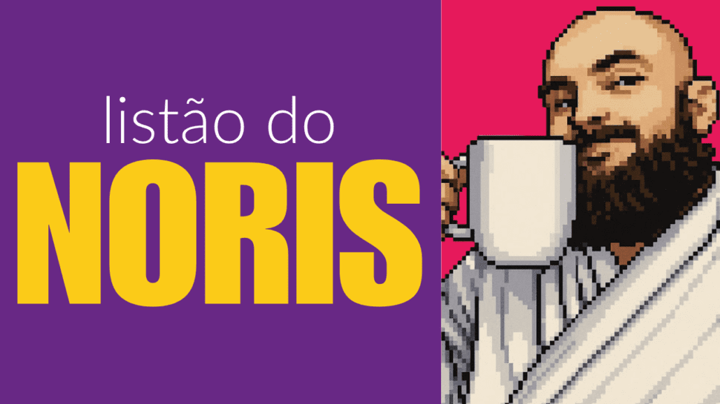 A imagem mostra uma arte digital com duas seções distintas: à esquerda, um fundo roxo escuro com o texto "listão do NORIS". À direita, em um fundo rosa claro, há um retrato do autor Rafael Noris, um homem barbudo, de pele clara e com a cabeça raspada, olhando diretamente para a frente e sorrindo. Ele usa um roupão branco e está segurando uma caneca branca, como se estivesse brindando. O estilo da imagem é pixelado, lembrando gráficos de jogos antigos.