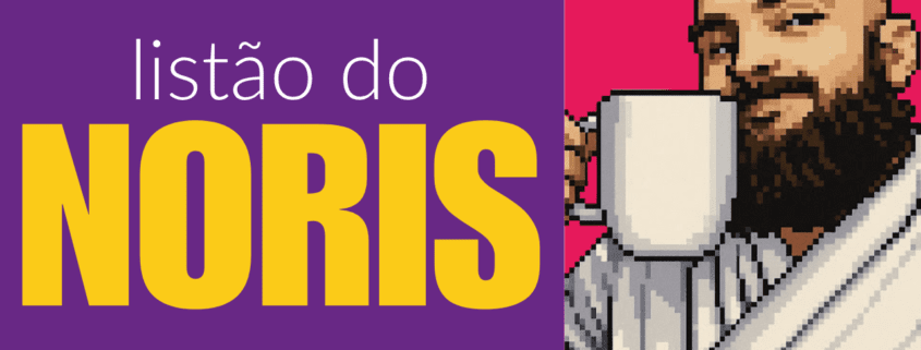 A imagem mostra uma arte digital com duas seções distintas: à esquerda, um fundo roxo escuro com o texto "listão do NORIS". À direita, em um fundo rosa claro, há um retrato do autor Rafael Noris, um homem barbudo, de pele clara e com a cabeça raspada, olhando diretamente para a frente e sorrindo. Ele usa um roupão branco e está segurando uma caneca branca, como se estivesse brindando. O estilo da imagem é pixelado, lembrando gráficos de jogos antigos.