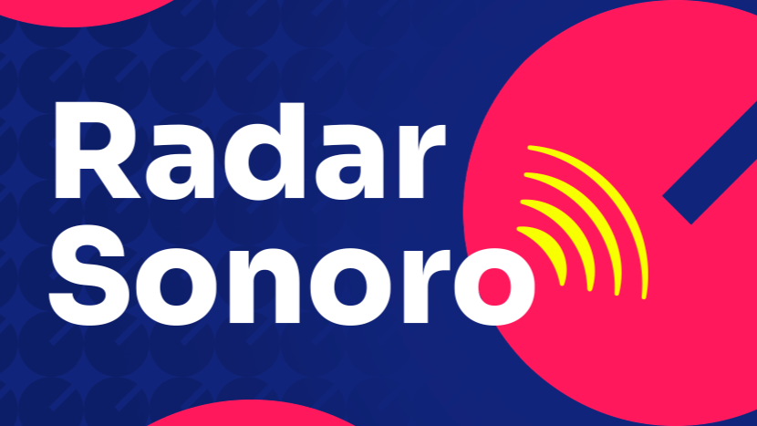 Imagem com fundo azul escuro e elementos rosa. No centro, está escrito "Radar Sonoro" em branco e ao lado da última letra "o" há quatro linhas amarelas curvas, simulando ondas sonoras.