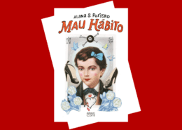 A imagem mostra a capa do livro "Mau Hábito", de Alana S. Potero. O fundo é vermelho, e a capa é uma colagem que apresenta, no centro, o rosto de uma pessoa jovem com cabelos curtos, laço azul e maquiagem. Ao redor, há sapatos de salto alto, um crânio, pássaros e flores.