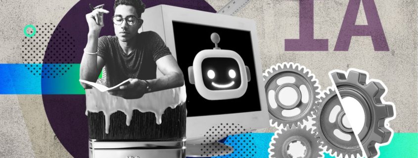 Colagem que combina elementos de inteligência artificial (IA) e criatividade. Ela apresenta um jovem desenhando em um caderno, posicionado sobre um pincel, simbolizando a criação humana. Ao lado, um monitor de computador antigo exibe um robô com uma expressão sorridente, representando a tecnologia e a IA. Engrenagens, um símbolo de mecanismo e funcionamento, conectam esses dois mundos. A sigla "IA" em destaque reforça o tema principal.