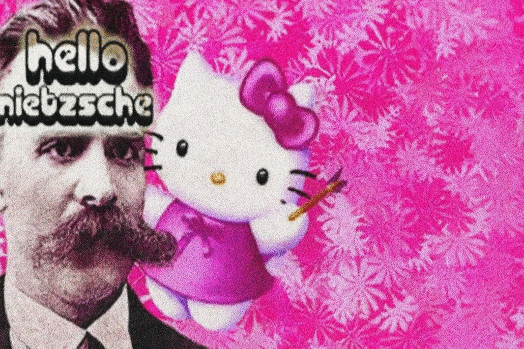 A imagem mostra um retrato do filósofo Friedrich Nietzsche em preto e branco ao lado da personagem Hello Kitty em tons de rosa, com fundo floral vibrante típico do visual miguxês e a frase “hello nietzsche” sobre o rosto dele. Ela era a capa da comunidade Niilismo Miguxo no Orkut.
