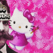 ChatGPT Image 8 de nov. de 2025, 17_44_07 A imagem mostra um retrato do filósofo Friedrich Nietzsche em preto e branco ao lado da personagem Hello Kitty em tons de rosa, com fundo floral vibrante típico do visual miguxês e a frase “hello nietzsche” sobre o rosto dele. Ela era a capa da comunidade Niilismo Miguxo no Orkut.