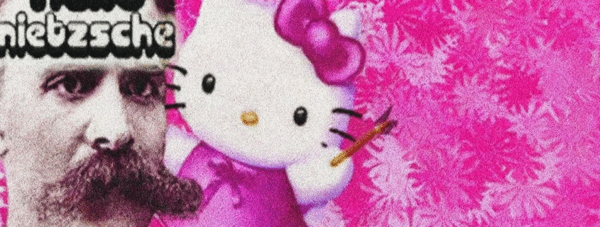 A imagem mostra um retrato do filósofo Friedrich Nietzsche em preto e branco ao lado da personagem Hello Kitty em tons de rosa, com fundo floral vibrante típico do visual miguxês e a frase “hello nietzsche” sobre o rosto dele. Ela era a capa da comunidade Niilismo Miguxo no Orkut.