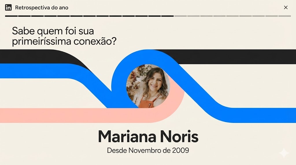 Card da retrospectiva do LinkedIn com a pergunta “Sabe quem foi sua primeiríssima conexão?”. Abaixo, aparece o nome “Mariana Noris”, com a informação “Desde novembro de 2009”, e a foto de uma mulher sorrindo.