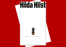 Capa de livro com fundo branco. No topo, o nome “Hilda Hilst” em letras pretas grandes. No centro, um pequeno vaso com um cacto. Na parte inferior, em letras menores, o subtítulo “Poemas malditos, gozosos e devotos”.