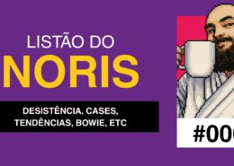 Imagem com fundo roxo e o título “Listão do Noris”. Abaixo, um subtítulo em faixa preta: “Desistência, cases, tendências, Bowie, etc”. À direita, há uma ilustração em estilo pixel art de um homem barbudo segurando uma caneca, e no canto inferior aparece “#006”.