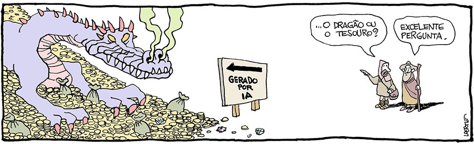 Tira de Laerte, em uma única imagem. Um grande dragão, com dentes enorme e soltando fumaça pelas ventas. está postado sobre um grande monte de moedas e sacos de moedas, em atitude ameaçadora e vigilante. Ao lado, em uma placa com seta, está escrito: “GERADO POR IA”. A certa distância, duas pessoas com roupas medievais observam. Um deles aponta e pergunta, referindo-se ao que diz a placa: “…o dragão ou o tesouro?” O outro responde: “Excelente pergunta.”