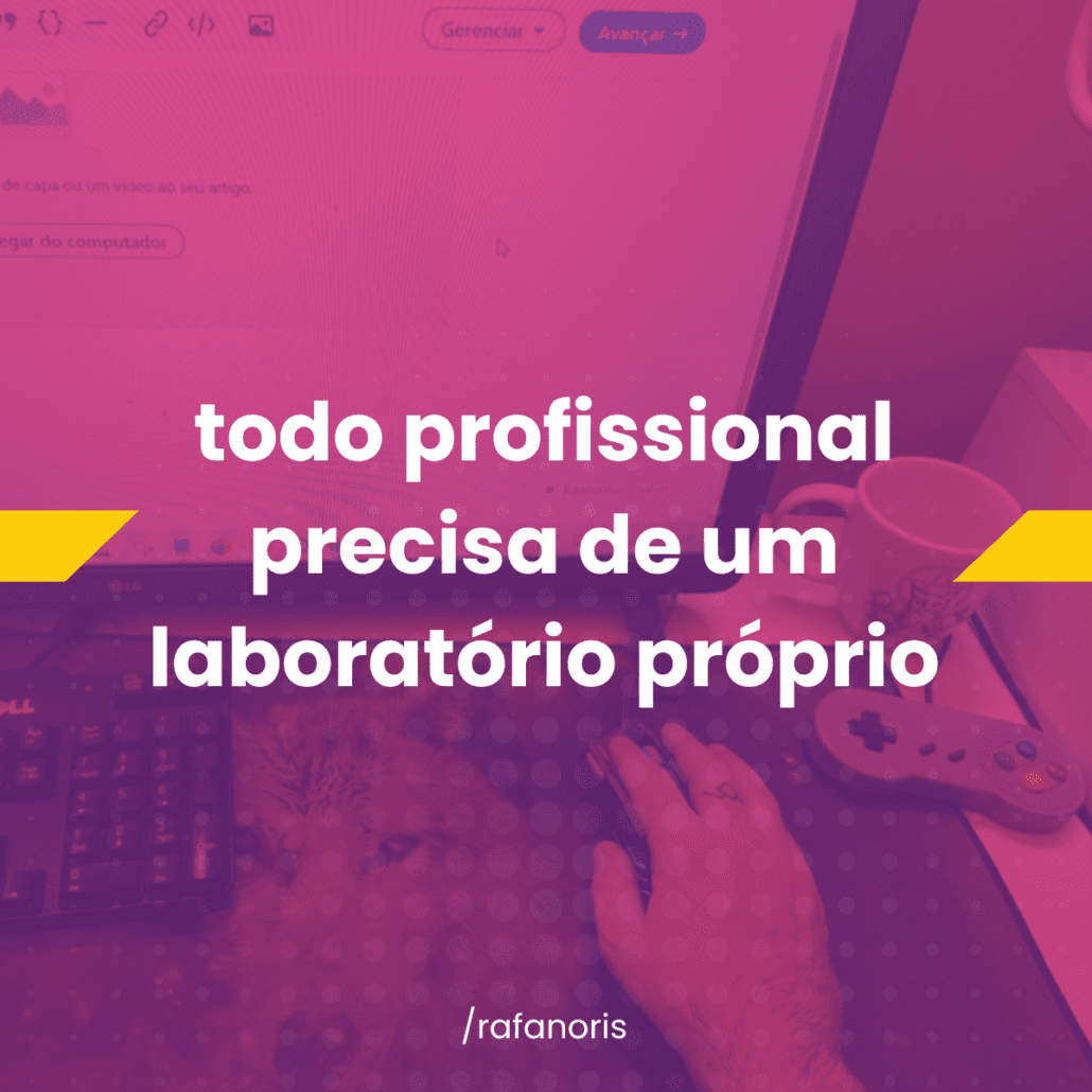 imagem com fundo em tom roxo e rosa, mostrando uma mesa de trabalho vista de cima: notebook aberto, teclado, mouse e um controle de videogame na mão de uma pessoa. sobre a imagem, em letras grandes brancas, o texto “todo profissional precisa de um laboratório próprio”. no canto inferior, a assinatura “/rafanoris”.