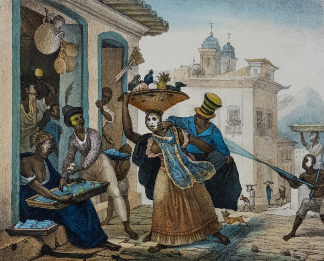 A imagem retrata uma cena do "Entrudo" no Brasil, o precursor do Carnaval moderno, registrado pelo pintor francês Jean-Baptiste Debret no início do século XIX. É a ilustração de uma rua no Brasil colonial durante o entrudo: homens e mulheres negros e brancos brincam jogando água e objetos uns nos outros. Uma mulher carrega uma bandeja na cabeça enquanto é segurada por um homem; ao lado, outras pessoas preparam baldes e limões-de-cheiro. Ao fundo, casas coloniais e mais gente participando da confusão festiva.