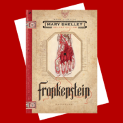 capa frankenstein leia diversidades Montagem com a capa do livro Frankenstein, de Mary Shelley, em destaque sobre um fundo vermelho. A edição da Darkside Books tem aparência envelhecida e traz uma ilustração anatômica de um pé humano com veias e artérias em vermelho, além do título do livro em letras góticas na parte inferior. Atrás da capa, há uma forma branca inclinada que cria efeito de profundidade.