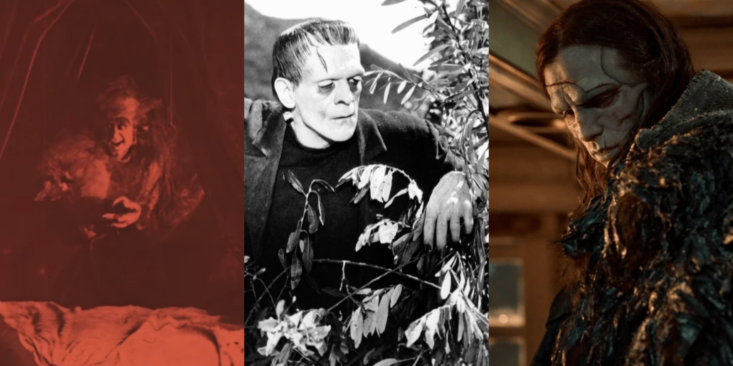 Montagem com três representações da criatura de Frankenstein no cinema. À esquerda, uma imagem avermelhada do curta-metragem de 1910, mostrando a criatura em um ambiente escuro. Ao centro, o clássico Frankenstein de 1931, interpretado por Boris Karloff, em foto em preto e branco entre galhos. À direita, uma versão contemporânea de 2025, com a criatura de cabelos longos, cicatrizes no rosto e roupas escuras, iluminada por luz quente.