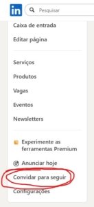 Captura de tela do menu administrativo de uma Company Page no LinkedIn. A opção “Convidar para seguir” aparece destacada com um círculo vermelho, indicando o recurso usado para convidar contatos a seguirem a página.