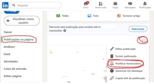 Captura de tela do painel administrativo de uma Company Page no LinkedIn. À esquerda aparece o menu de navegação, com a opção “Publicações na página” destacada. À direita, o menu de ações de uma publicação está aberto após clicar no ícone de três pontos, exibindo opções como editar, excluir e “Notificar funcionários”, que está circulada em vermelho para destacar o recurso.