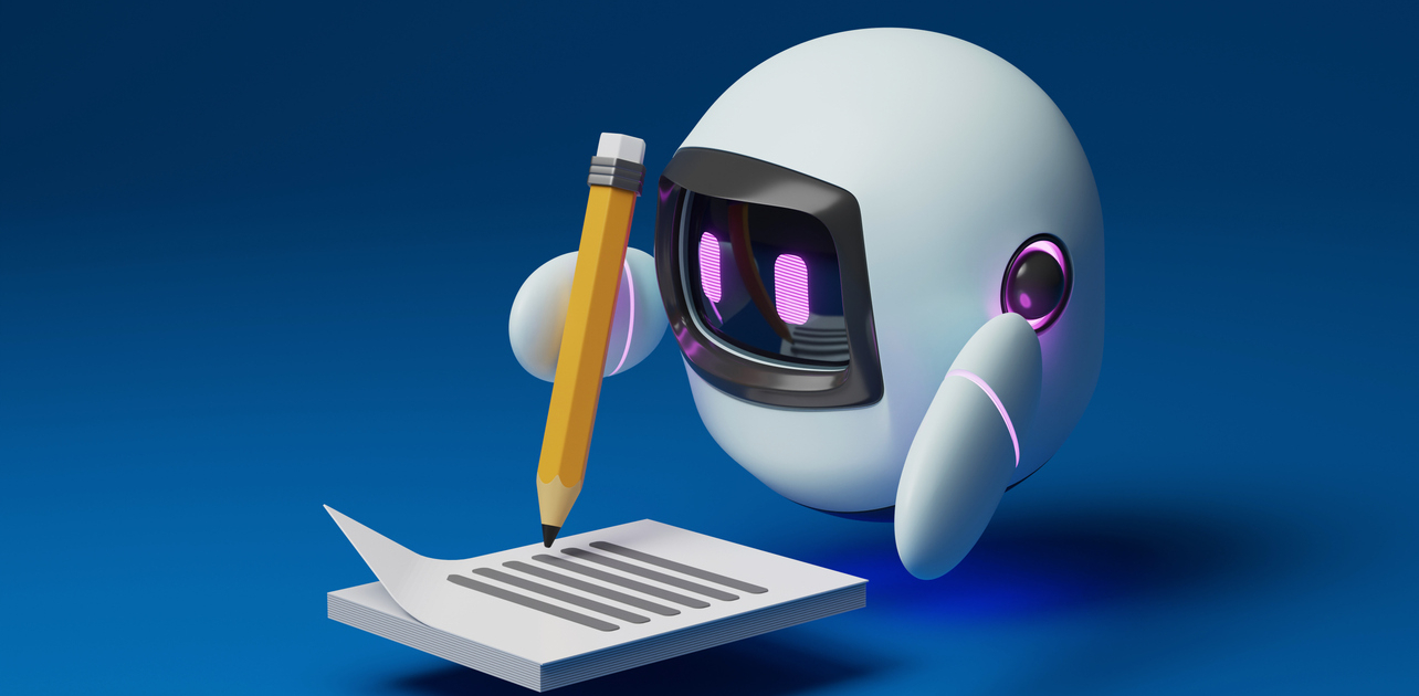 Robô fofo segurando um lápis para escrever uma mensagem em um pedaço de papel. Ilustração em renderização 3D.