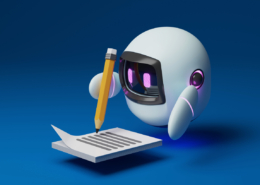 Robô fofo segurando um lápis para escrever uma mensagem em um pedaço de papel. Ilustração em renderização 3D.