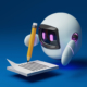 Robô fofo segurando um lápis para escrever uma mensagem em um pedaço de papel. Ilustração em renderização 3D.