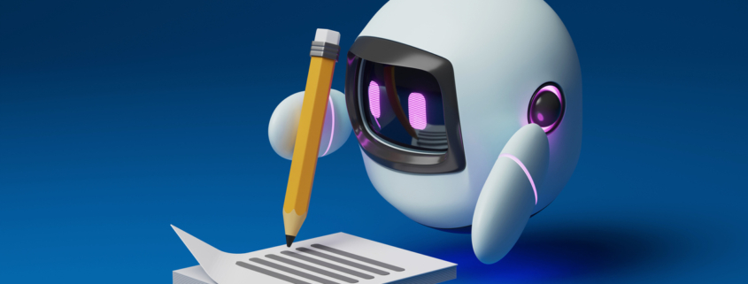 Robô fofo segurando um lápis para escrever uma mensagem em um pedaço de papel. Ilustração em renderização 3D.
