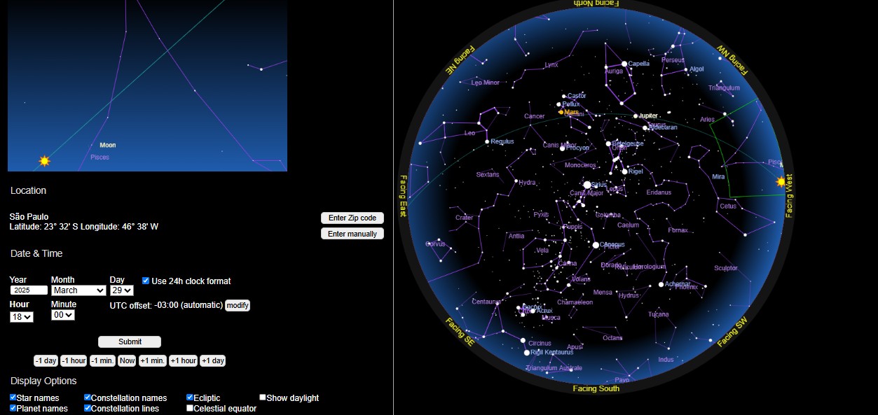 Captura de tela do site Sky & Telescope mostrando um mapa do céu visto de São Paulo em uma data e horário específicos. À direita, um planisfério exibe constelações, estrelas, planetas e a posição da Lua; à esquerda, aparecem as configurações de localização, data, hora e opções de visualização.
