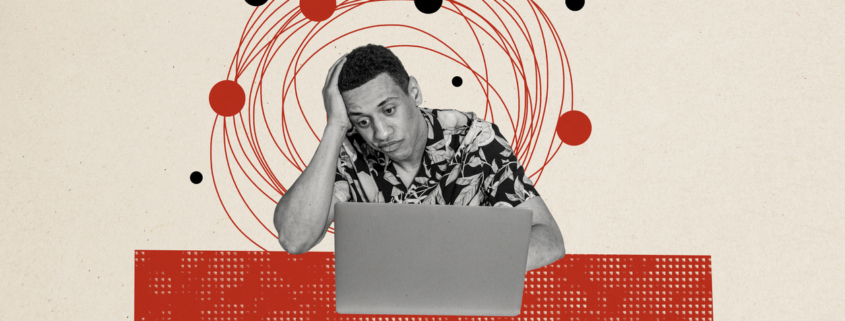 homem com expressão de cansaço olhando para um notebook, cercado por linhas e círculos que representam confusão e sobrecarga mental.