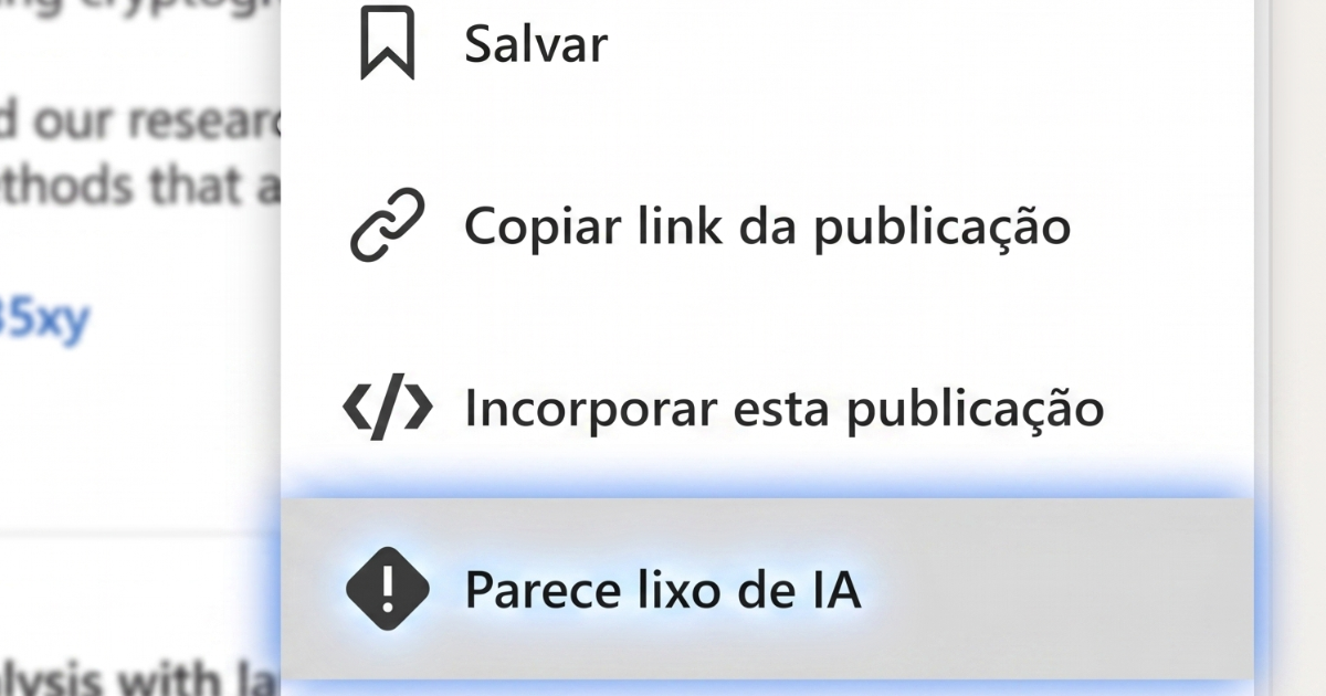 Captura de tela do menu de opções de uma publicação no LinkedIn. Entre as opções exibidas estão "Salvar", "Copiar link da publicação", "Incorporar esta publicação", "Parece lixo de IA" (destacada), e "Denunciar publicação". Ao fundo, desfocado, aparece parte da publicação e, no canto superior direito, o botão "Seguir".
